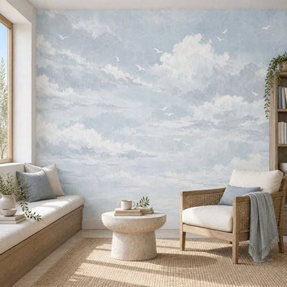 Watercolor Cloud Sky Wallpaper Airy Seagulls Wall Mural