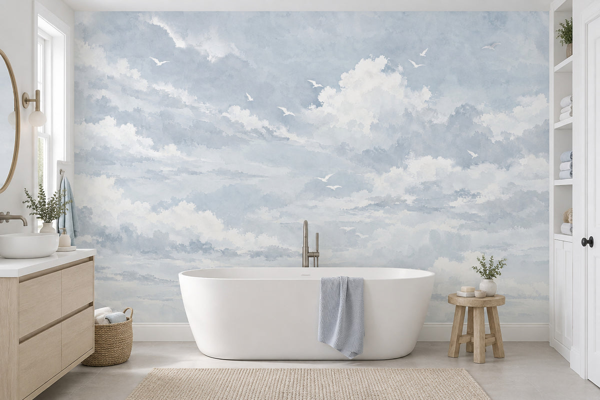 Watercolor Cloud Sky Wallpaper Airy Seagulls Wall Mural