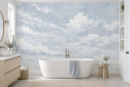 Watercolor Cloud Sky Wallpaper Airy Seagulls Wall Mural