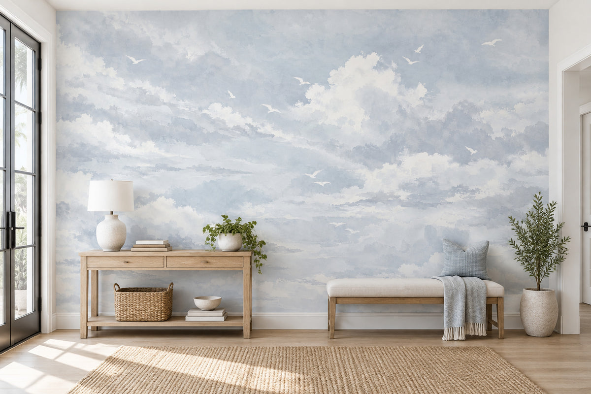 Watercolor Cloud Sky Wallpaper Airy Seagulls Wall Mural