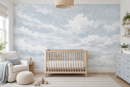Watercolor Cloud Sky Wallpaper Airy Seagulls Wall Mural