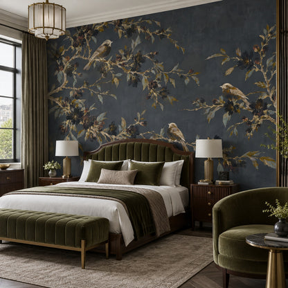 Songbirds On Flowering Branches Wallpaper Dark Floral Wall Mural