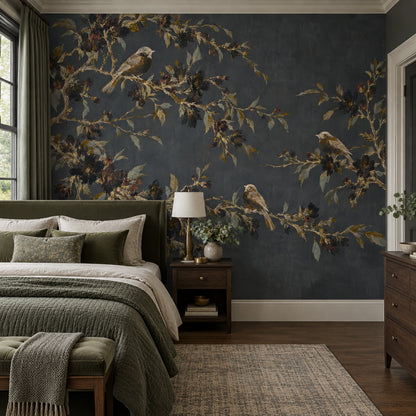 Songbirds On Flowering Branches Wallpaper Dark Floral Wall Mural