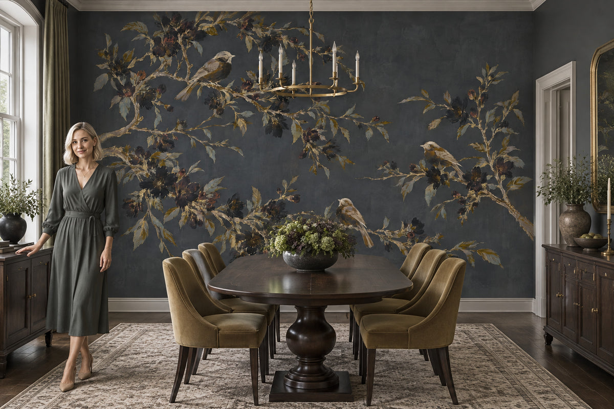 Songbirds On Flowering Branches Wallpaper Dark Floral Wall Mural
