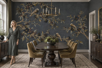 Songbirds On Flowering Branches Wallpaper Dark Floral Wall Mural