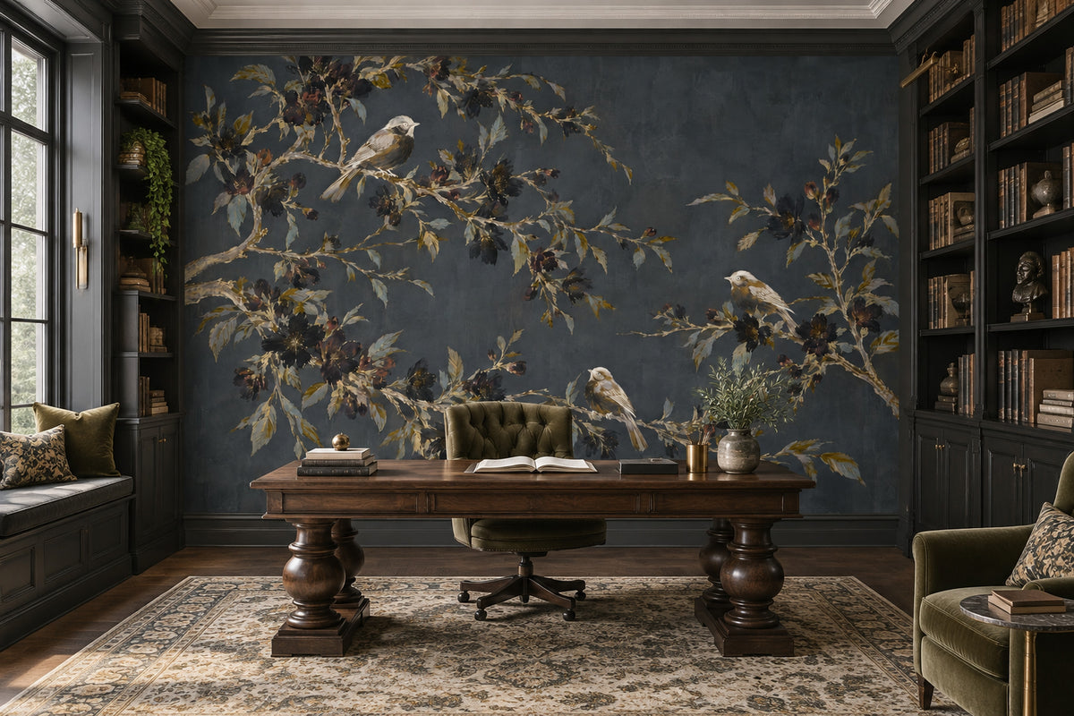 Songbirds On Flowering Branches Wallpaper Dark Floral Wall Mural