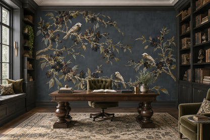 Songbirds On Flowering Branches Wallpaper Dark Floral Wall Mural