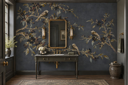 Songbirds On Flowering Branches Wallpaper Dark Floral Wall Mural