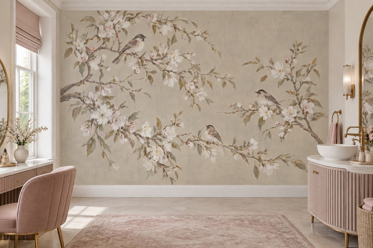Blossoming Branches And Songbirds Wallpaper Muted Green Chinoiserie Wall Mural