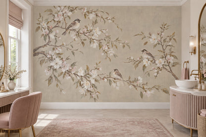 Blossoming Branches And Songbirds Wallpaper Muted Green Chinoiserie Wall Mural