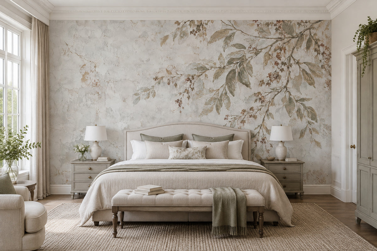 Distressed Botanical Branches Wallpaper French Country Wall Mural