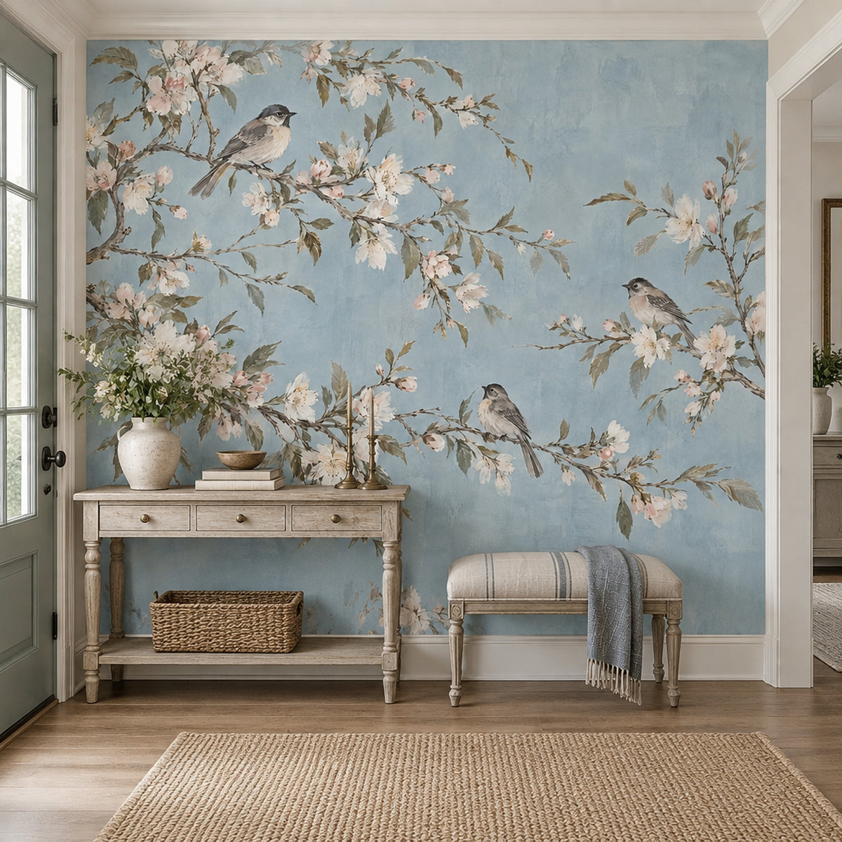 Blossom Branches With Birds Wallpaper Pale Blue Wall Mural