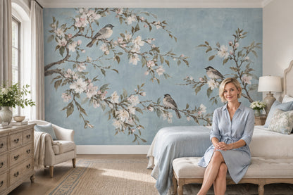 Blossom Branches With Birds Wallpaper Pale Blue Wall Mural