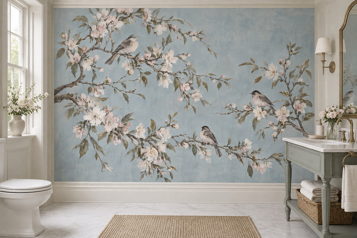 Blossom Branches With Birds Wallpaper Pale Blue Wall Mural