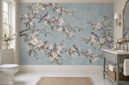 Blossom Branches With Birds Wallpaper Pale Blue Wall Mural