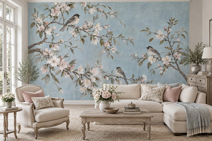 Blossom Branches With Birds Wallpaper Pale Blue Wall Mural