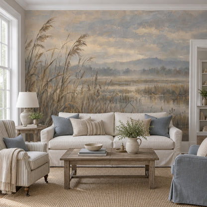 Marsh Reeds Wallpaper Misty Wetlands Wall Mural
