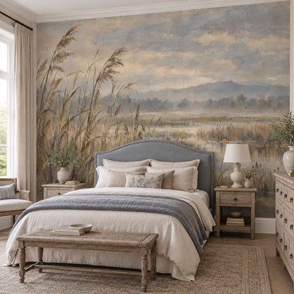 Marsh Reeds Wallpaper Misty Wetlands Wall Mural