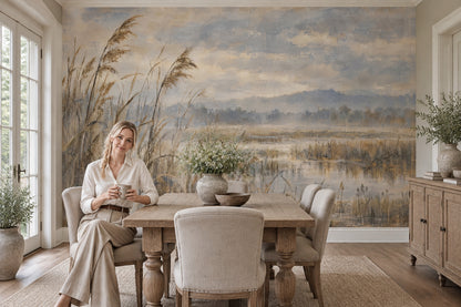 Marsh Reeds Wallpaper Misty Wetlands Wall Mural
