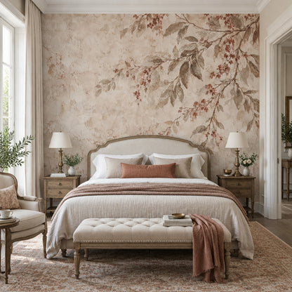 Leafy Branches Wallpaper Vintage Aged Plaster Wall Mural
