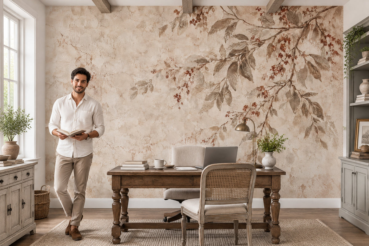 Leafy Branches Wallpaper Vintage Aged Plaster Wall Mural