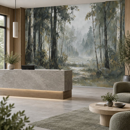 Misty Forest Path Wallpaper Muted Green Woodland Wall Mural