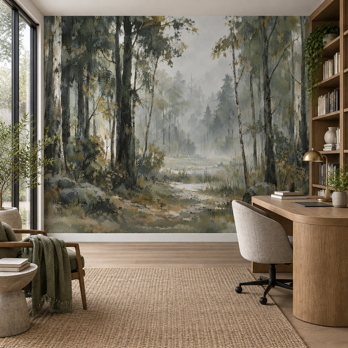 Misty Forest Path Wallpaper Muted Green Woodland Wall Mural