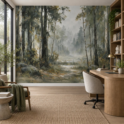 Misty Forest Path Wallpaper Muted Green Woodland Wall Mural