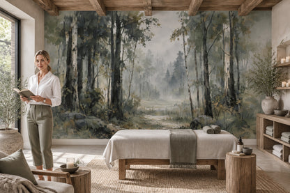 Misty Forest Path Wallpaper Muted Green Woodland Wall Mural