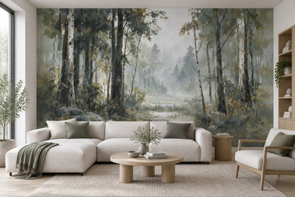 Misty Forest Path Wallpaper Muted Green Woodland Wall Mural