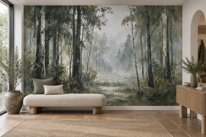 Misty Forest Path Wallpaper Muted Green Woodland Wall Mural