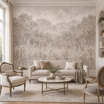 Misty Meadow Trees Wallpaper Soft Gray Woodland Wall Mural