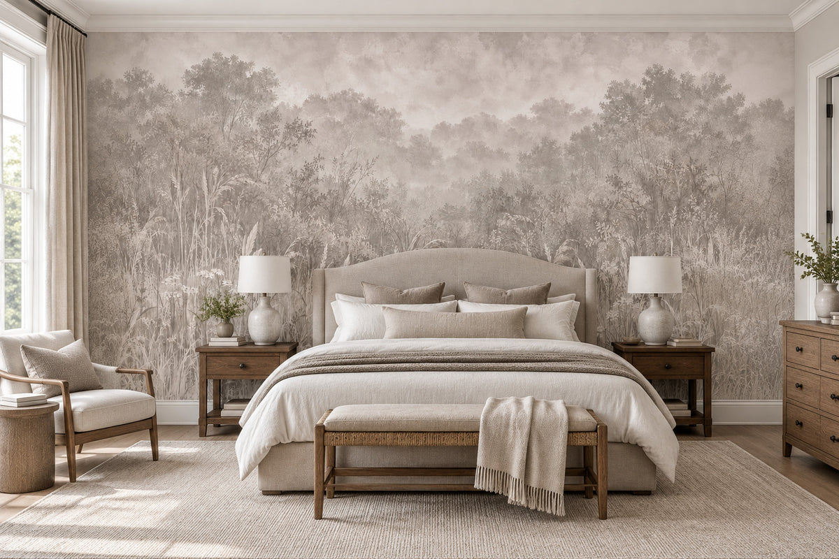 Misty Meadow Trees Wallpaper Soft Gray Woodland Wall Mural