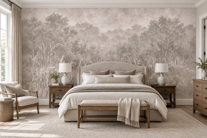 Misty Meadow Trees Wallpaper Soft Gray Woodland Wall Mural