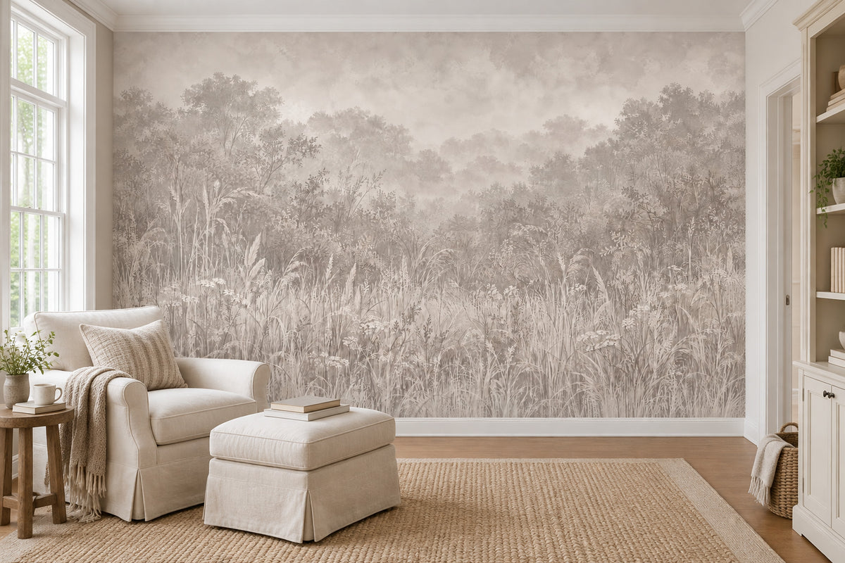 Misty Meadow Trees Wallpaper Soft Gray Woodland Wall Mural