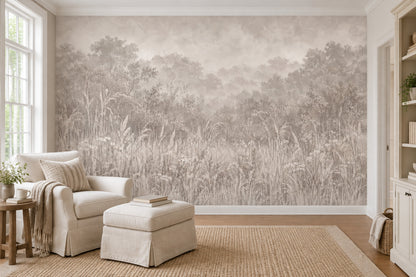 Misty Meadow Trees Wallpaper Soft Gray Woodland Wall Mural