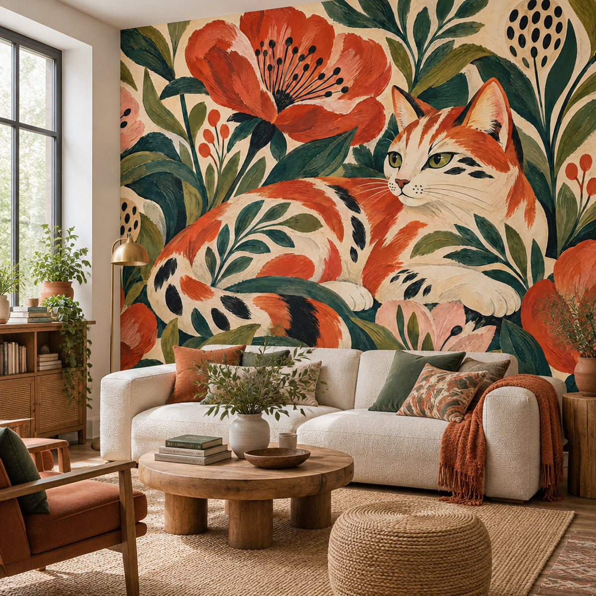 Calico Cat And Folk Flowers Wallpaper Botanical Garden Wall Mural