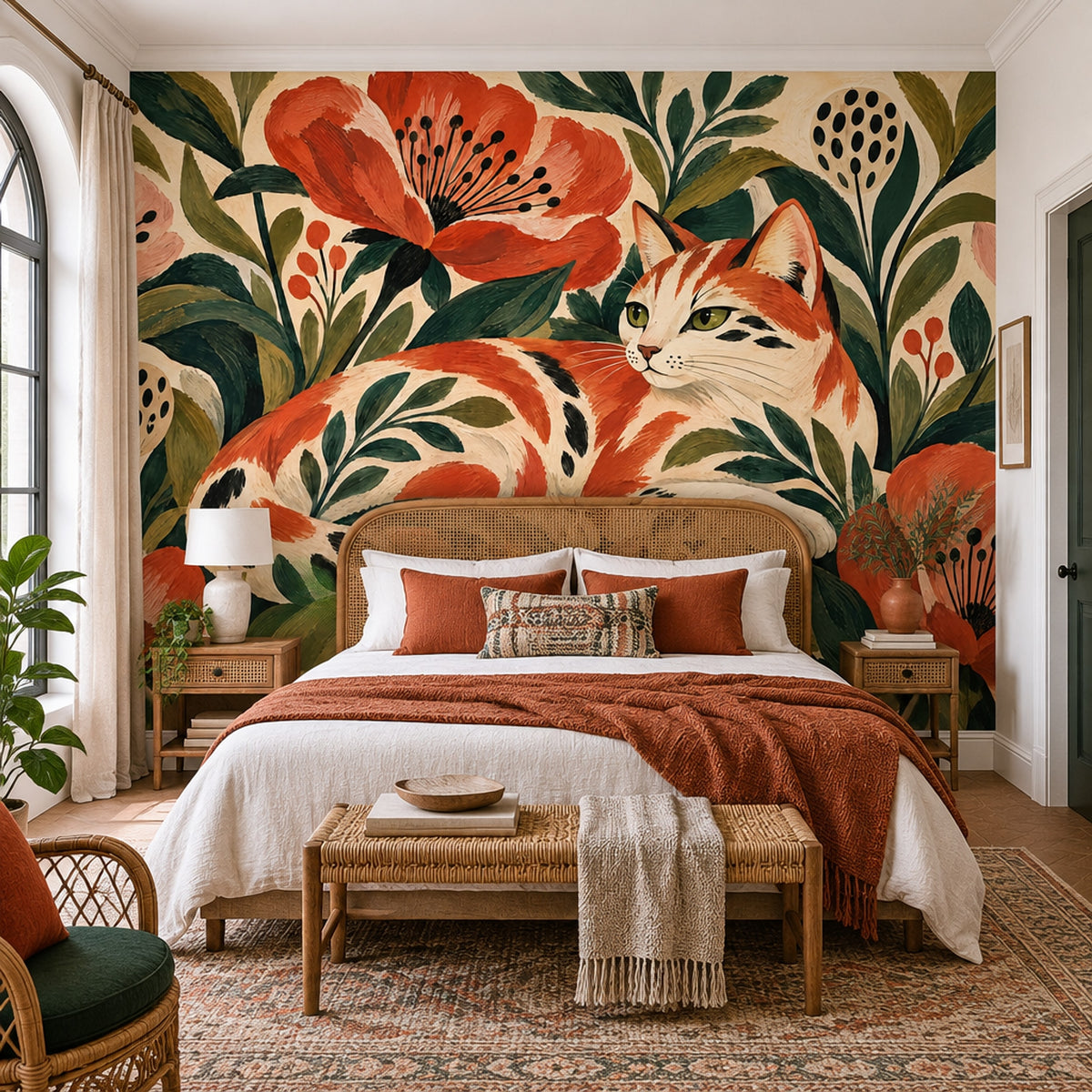 Calico Cat And Folk Flowers Wallpaper Botanical Garden Wall Mural