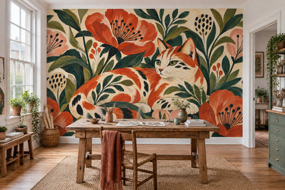 Calico Cat And Folk Flowers Wallpaper Botanical Garden Wall Mural