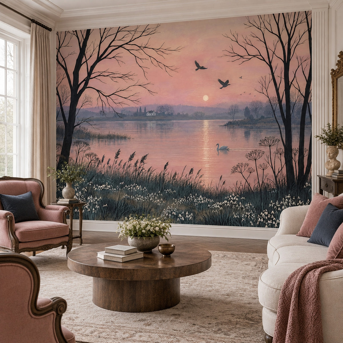 Swan Lake Sunset Wallpaper Pink Sky Wall Mural