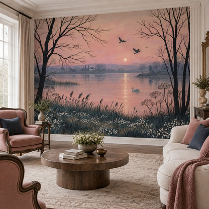 Swan Lake Sunset Wallpaper Pink Sky Wall Mural