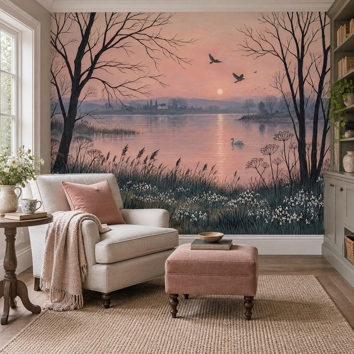 Swan Lake Sunset Wallpaper Pink Sky Wall Mural