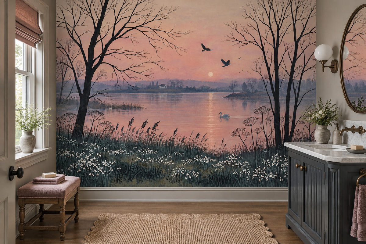 Swan Lake Sunset Wallpaper Pink Sky Wall Mural