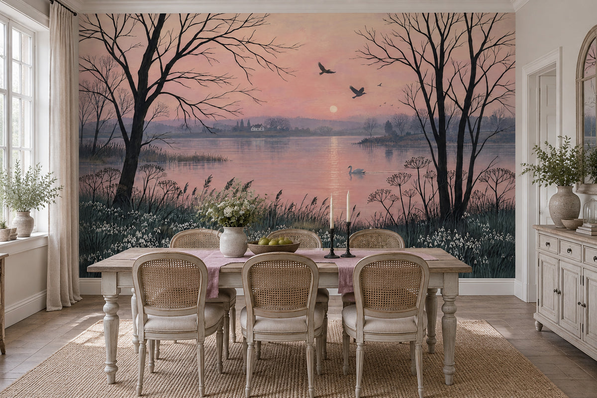 Swan Lake Sunset Wallpaper Pink Sky Wall Mural
