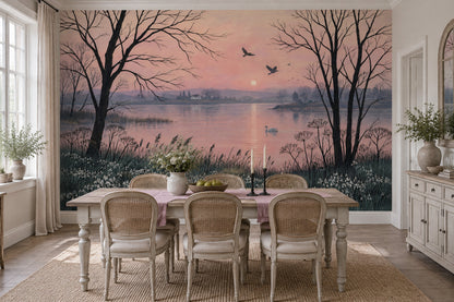 Swan Lake Sunset Wallpaper Pink Sky Wall Mural