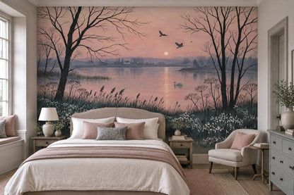 Swan Lake Sunset Wallpaper Pink Sky Wall Mural