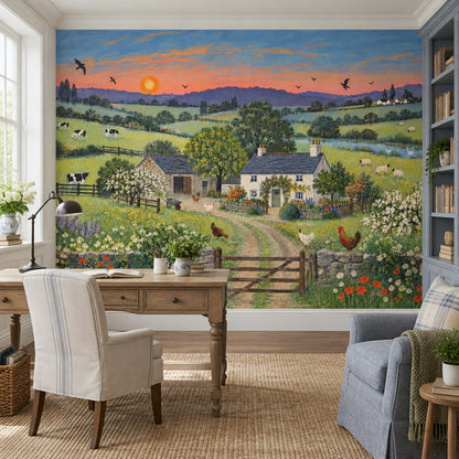 Pastoral Farmhouse Scene Wallpaper Vintage Countryside Wall Mural