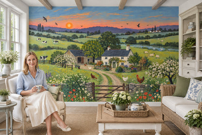 Pastoral Farmhouse Scene Wallpaper Vintage Countryside Wall Mural