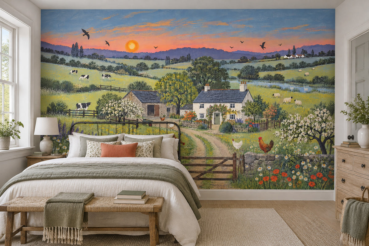 Pastoral Farmhouse Scene Wallpaper Vintage Countryside Wall Mural