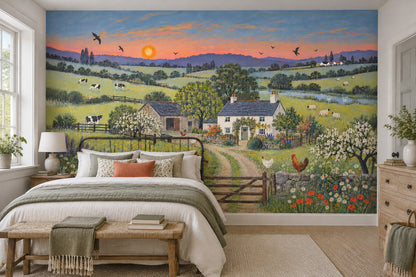 Pastoral Farmhouse Scene Wallpaper Vintage Countryside Wall Mural
